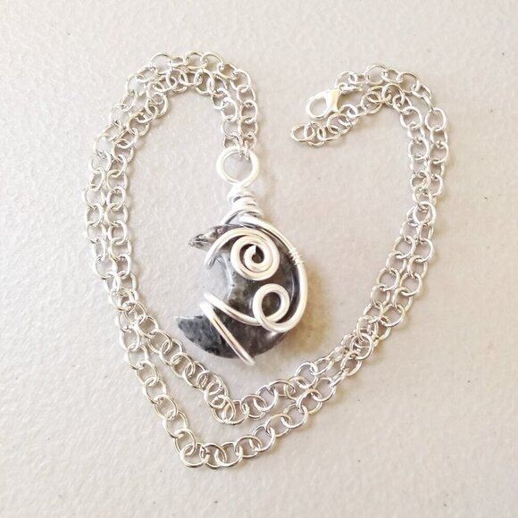 Chunky Larvikite Moon Pendant! Wire Wrapped - Gray Silver Black Labrador… - Picture 1 of 12